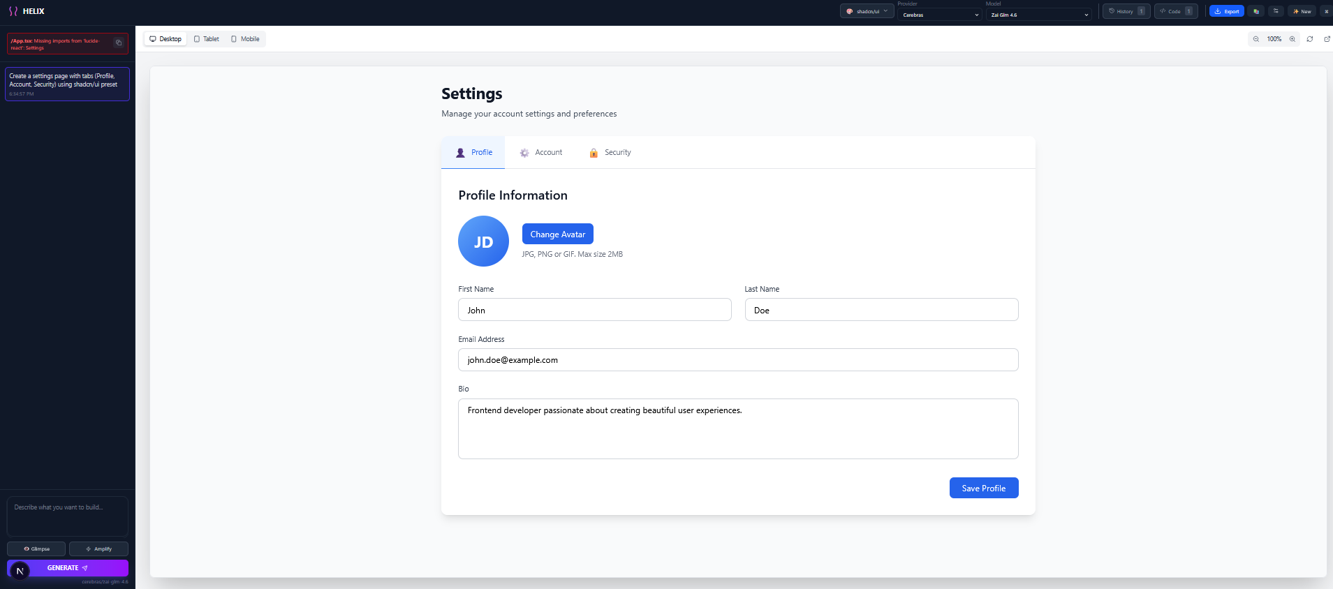 Settings Page with Tabs